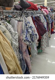 Edmonton Alberta Canada - July 10 2022: Documentary Image Of Value Village Thrift Store Showing The Interior Shelving And Racks Packed Full Of Second Hand Items.