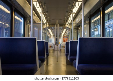 Edmonton, Alberta / Canada - July 18, 2020: Inside An Empty Edmonton Light Rail Transit LRT Train Leaving Century Park Station. 