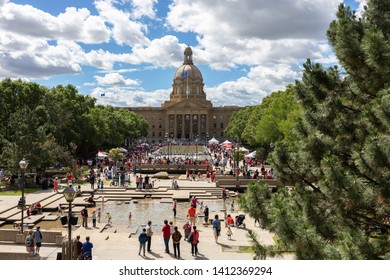 Edmonton, Alberta, Canada - July 1st, 2018: People Gathering In Front Of The Alberta Legislature Building, Enjoying Canada Day