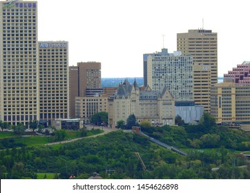 Edmonton, Alberta, Canada - July 2019: Edmonton Downtown Summer Skyline Just Before Sunset At The Day Hour Showing River Valley Parks And Surrounding Skyscrapers.