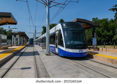 Edmonton, Alberta Canada - July 24, 2021: LRT Construction And ETS Edmonton Low Floor Train Testing Of Public Transit