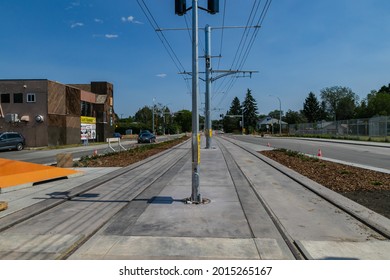 Edmonton, Alberta Canada - July 24, 2021: LRT Construction And ETS Edmonton Low Floor Train Testing Of Public Transit