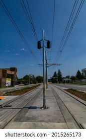 Edmonton, Alberta Canada - July 24, 2021: LRT Construction And ETS Edmonton Low Floor Train Testing Of Public Transit