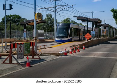 Edmonton, Alberta Canada - July 24, 2021: LRT Construction And ETS Edmonton Low Floor Train Testing Of Public Transit