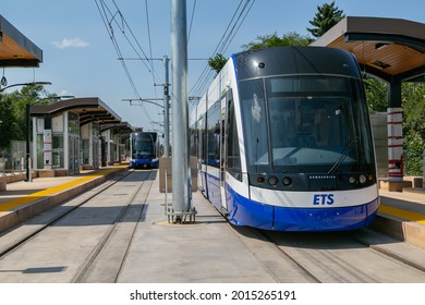 Edmonton, Alberta Canada - July 24, 2021: LRT Construction And ETS Edmonton Low Floor Train Testing Of Public Transit