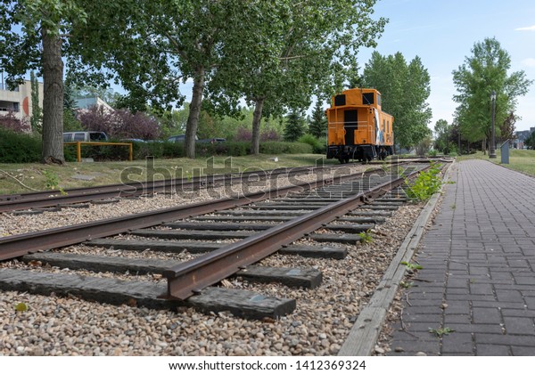 Edmonton, Alberta, Canada - July 7, 2018: Railway\
car at End of Steel Park, located in Old Strathcona. CPRail was for\
decades the only long-distance passenger transport in most regions\
of Canada