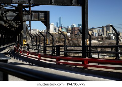 Edmonton, Alberta, Canada - March 30th 2021 : High Level Bridge in central Edmonton, spans the North Saskatchewan River. Completed in 1912, it joins the two communities of Strathcona and Edmonton.