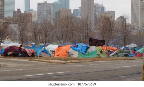 Edmonton, Alberta, Canada - October 13th 2020: Homeless people at Rossdale road. Many will not stay in shelters because of coronavirus, covid 19. Now they face extreme cold as winter sets in.