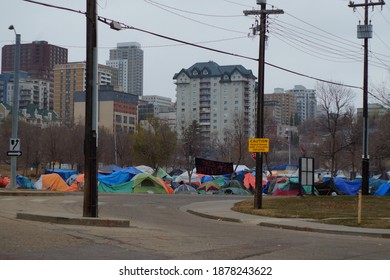 Edmonton, Alberta, Canada - October 18th 2020: Homeless people camping at Rossdale Road, opposite Remax field, baseball stadium. Many homeless will not stay in shelters due to coronavirus, covid 19.