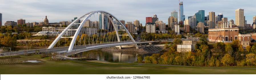Edmonton, Alberta, Canada - September 25, 2018: Panoramic view of the beautiful modern city during a sunny day.