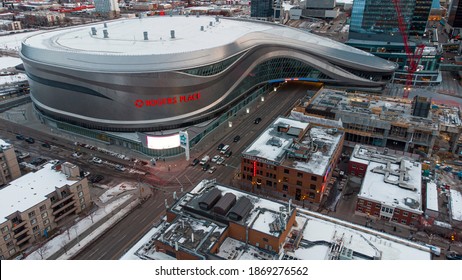 Edmonton, Alberta - December 07, 2020: An aerial view of Rogers Arena where the Mercer building is visible along with nearby ice district construction.