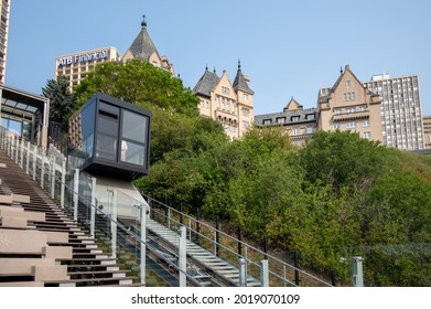 Edmonton, Alberta - July 30, 2021: Edmonton's new funicular in the Saskatchewan River valley downtown.