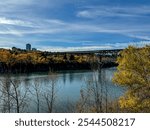 Edmonton, Alberta - October 13, 2024: Views of the Edmonton skyline seen from a bridge crossing the North Saskatchewan River
