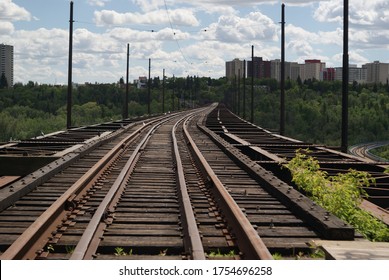 EDMONTON, ALBERTA/CANADA- JUNE 11th 2020. Edmonton's high level bridge, linked to two communities of Edmonton and Strathcona when it was opened in 1912. A streetcar still runs on the rails on the top.