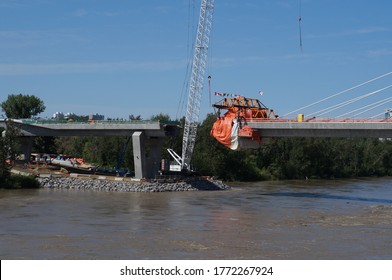 EDMONTON, ALBERTA/CANADA-July 3rd 2020; Tawatinâ Bridge Across North Saskatchewan River In Central Edmonton Alberta. Tawatinâ Bridge Is For The Light Railway Know As The 'Light Rail Transit', Or LRT