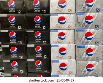 Edmonton, Canada - April 2, 2022: Boxes Of Canned Pepsi Zero, Diet Pepsi Zero And Diet Pepsi On Display On A Grocery Store Shelf