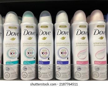 Edmonton, Canada - August 4, 2022: Bottles Of Dove Advanced Care Dry Antiperspirant Spray On Display On A Pharmacy Shelf