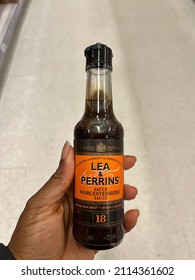 Edmonton, Canada - January 10, 2022: Black Person Holding A Bottle Of Lea And Perrins Worcestershire Sauce