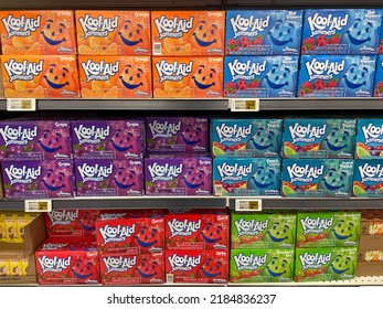 Edmonton, Canada - July 28, 2022: Boxes Of Different Flavours Of Kool Aid On Display On A Grocery Store Shelf