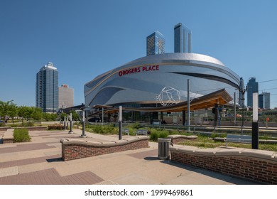 Edmonton, Canada - June 29, 2021: Rogers Place is a multi-use indoor arena in Edmonton, Alberta, Canada. Officially opened on September 8, 2016 it has a seating capacity of 18,500 as a hockey venue