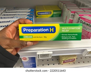 Edmonton, Canada - October 20, 2022: Person Who Is Black Holding A Box Of Preparation H Multi Symptom Relief