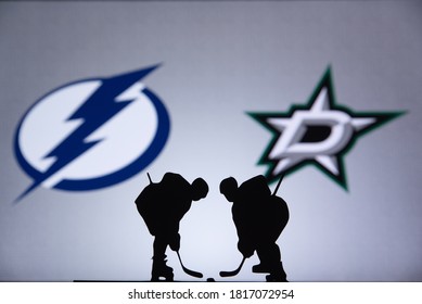 EDMONTON, CANADA, SEPTEMBER. 16. 2020: NHL Stanley Cup 2020 Final. Tampa Bay Lightning vs Dallas Stars. Silhouette of hockey players on face off. Big screen in background