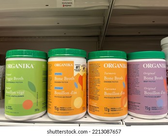 Edmonton, Canada - September 30, 2022: Containers Of Organika Veggie And Bone Broth Powder On Display On A Grocery Store Shelf