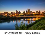 Edmonton downtown, James Macdonald Bridge and the Saskatchewan River at night, Alberta, Canada. Long exposure.