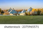 Edmonton landscape with  the Muttart Conservatory glass pyramids in fall season
