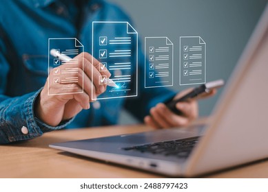 E-document contract management concept. Online digital signature business, paperless workplace, e-signing network, electronic document management. Businessman sign on computer virtual screen by pen