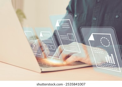 E-Document management concepts hand touch visual digital data documentation directory online archive storage for database search system work on cloud technology.