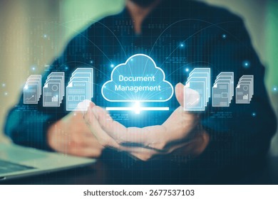 E-Document management concepts hand touch visual digital data documentation directory online archive storage for database search system work on cloud technology.