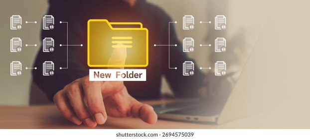 E-Document management concepts hand touch visual digital data documentation directory online archive storage for database search system work on cloud technology.
