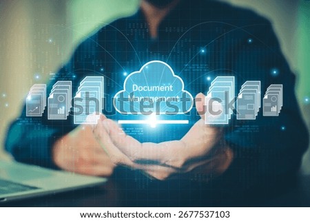 E-Document management concepts hand touch visual digital data documentation directory online archive storage for database search system work on cloud technology.