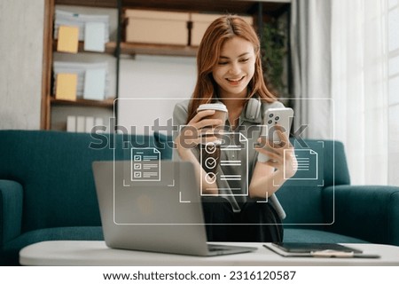 E-document management Paperless workplace, e-signing, electronic signature, document management. businesswoman signs an electronic document on a virtual notebook screen using a stylus pencil. 