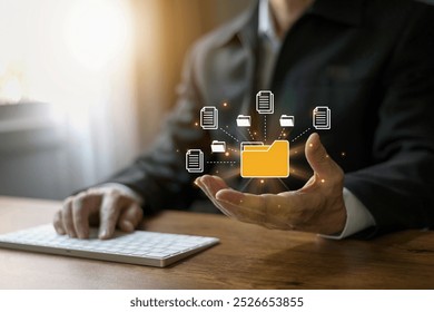 E-document management Paperless workplace, man signs an electronic document on digital documente-signing, electronic signature, document management, , Online contract signing with application.