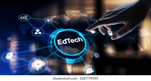 EdTech Educational Technology Enhancing Learning Through Digital Tools, projection on a virtual screen, Business and Technology Concept.