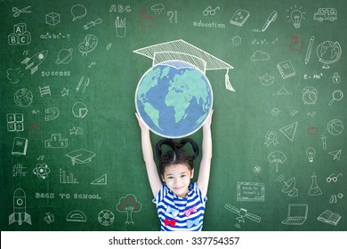 Educated School Child Girl Lifting World Globe Doodle On Chalkboard For Children's Education International Children Day And  World Literacy Day Concept