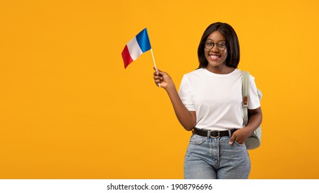 Education abroad, studying in France concept. Positive young black woman student in glasses with backpack holding french flag over yellow studio background, panorama with copy space