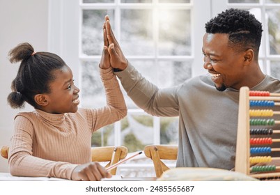 Education, black man and child with high five in home for achievement, support or correct answer on question. Homework, abacus and happy father with girl for learning, knowledge or development - Powered by Shutterstock