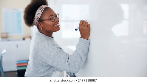 Education, black woman and teacher with whiteboard in classroom for writing, learning or explain with knowledge. Educator, person and happy with brainstorming for exam, assessment and study in school - Powered by Shutterstock