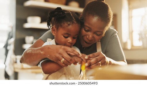 Education, child and black woman in kitchen for baking, recipe or help cracking egg at home. Girl, development and mother at counter for growth, learning or fun activity for making dough for cookies - Powered by Shutterstock