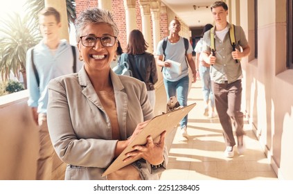 Education clipboard, students and portrait of teacher happy on college campus for coaching, teaching and learning. Knowledge study, high school principal or university professor with daily checklist - Powered by Shutterstock