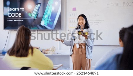 Education, coding and lecture with teacher in classroom for learning, scholarship or tech bootcamp. Robotics, Ai development and future with people at STEM school for course, programming or academy