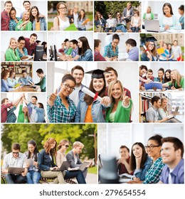 Education Concept - Collage With Many Pictures Of Students In College, University Or High School