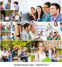 Education Concept - Collage With Many Pictures Of Students In College, University Or High School