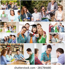 Education Concept - Collage With Many Pictures Of Students In College, University Or High School