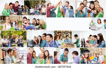 Education Concept - Collage With Many Pictures Of Students In College, University Or High School With Copyspace