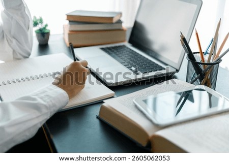 Education concept, learning and teaching with technology, e learning, teaching skills, digital online knowledge, cyberspace global, blur background banner white. hand playing laptop on desk indoor.