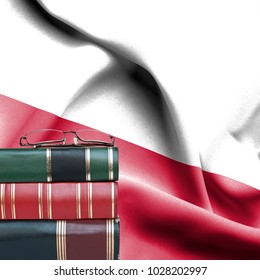 Education concept - Stack of books and reading glasses against National flag of Poland - Shutterstock ID 1028202997